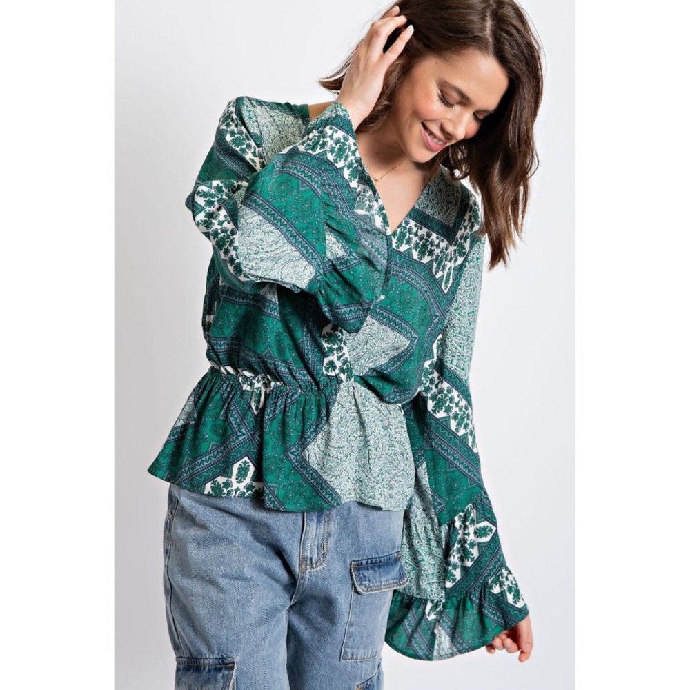 Easel Tropical Green Printed Surplice Overlap Front Peplum Elastic Ruffle Top